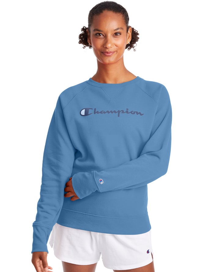 Champion Sweatshirt Dames - Blauw - Powerblend Fleece Classic Crew Script Logo ( 730256-ILO )